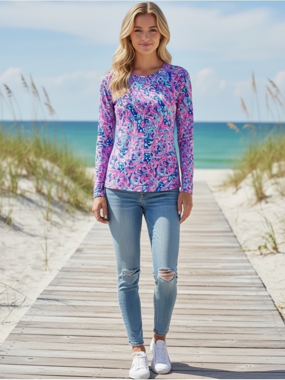 Lilly Pulitzer XS Luxletic Long Sleeve Tee Multi La Playa Print UPF NWOT